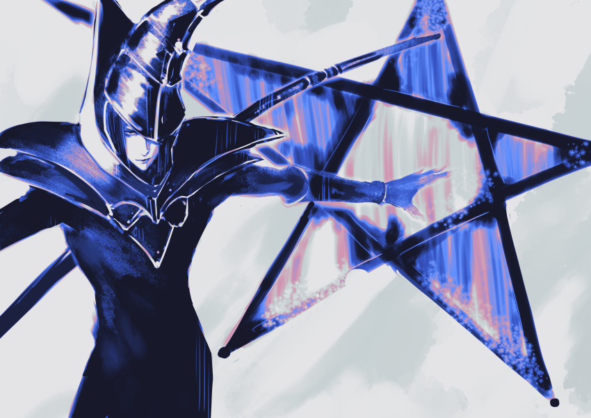 1boy, absurdres, armor, commentary, dark_magician, gatlingart, hat, highres