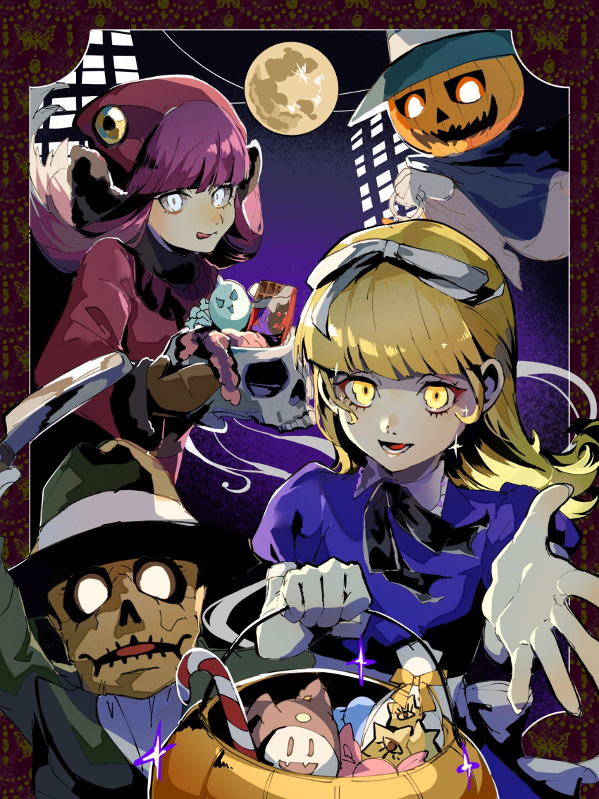 1boy, 2girls, 4me3ba_niku, :q, alice_(megami_tensei), blonde_hair, border, bow