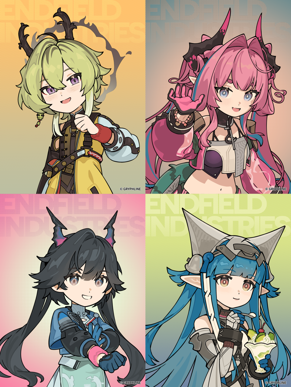 1boy, 3girls, arknights, arknights:_endfield, bare_shoulders, black_hair, blue_eyes, blue_hair
