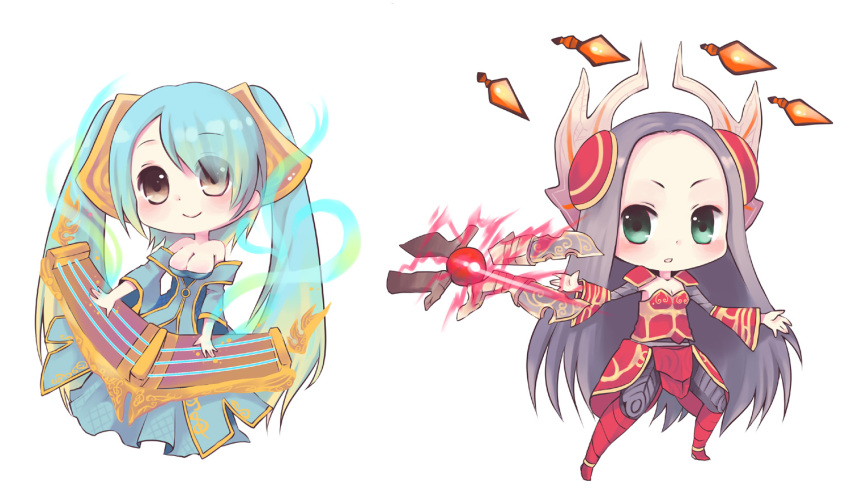 aqua_hair, breasts, brown_eyes, chibi, cleavage, etwahl, instrument, irelia
