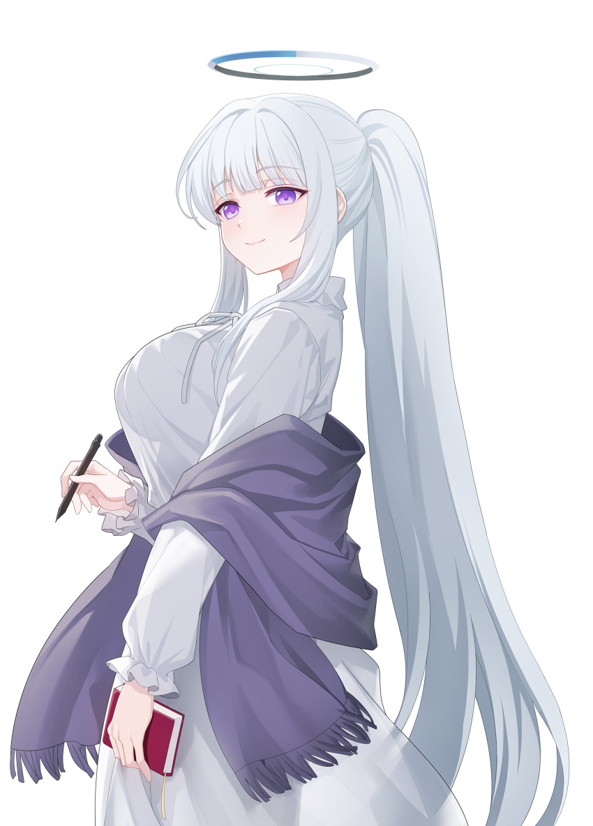 1girl, absurdres, blue_archive, blush, book, breasts, closed_mouth, commentary