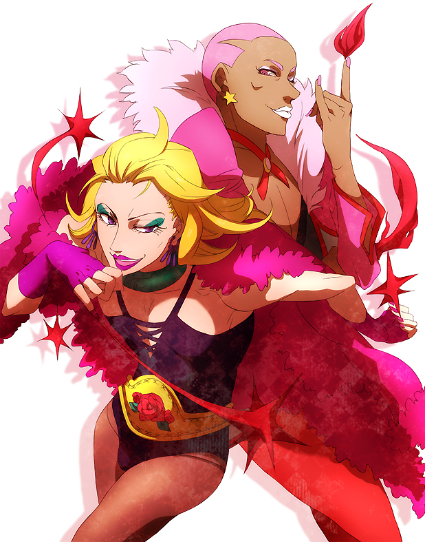 belt, blonde_hair, crossover, dark_skin, deadman_wonderland, earrings, eyelashes, fabulous, fingerless_gloves, fingernails, fire, gloves, jewelry, male, multiple_boys, nathan_seymour, pantyhose, piko_(pixiv_24613), pink_eyes, pink_hair, purple_eyes, short_hair, simple_background, sukegawa_chaplin, tiger_&amp;_bunny, transvestite, trap, violet_eyes, white_background