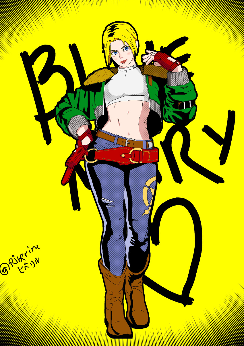 absurdres, blonde_hair, blue_eyes, blue_mary, boots, brown_boots, commentary, denim, english_commentary, fatal_fury, fatal_fury:_city_of_the_wolves, gloves, highres, jacket, jeans, pants, red_gloves, red_lips, riberiru, short_hair, snk, the_king_of_fighters, white_top