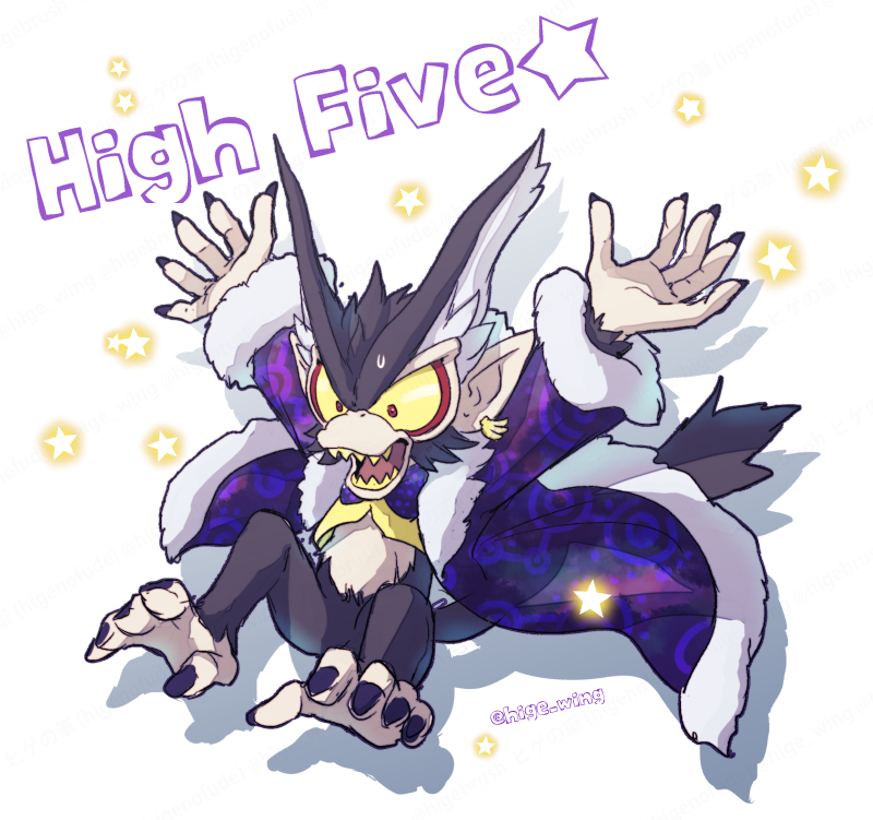 1boy, banana_earrings, bow, bowtie, coat, colored_sclera, commentary_request, donkey_kong_(series), donkey_kong_bananza, earrings, english_text, food-themed_earrings, full_body, furry, furry_male, hige_wing, jewelry, looking_at_viewer, male_focus, open_mouth, polka_dot, polka_dot_bow, polka_dot_bowtie, purple_bow, purple_bowtie, purple_coat, sharp_teeth, star_(symbol), teeth, translation_request, vest, void_kong, yellow_sclera, yellow_vest