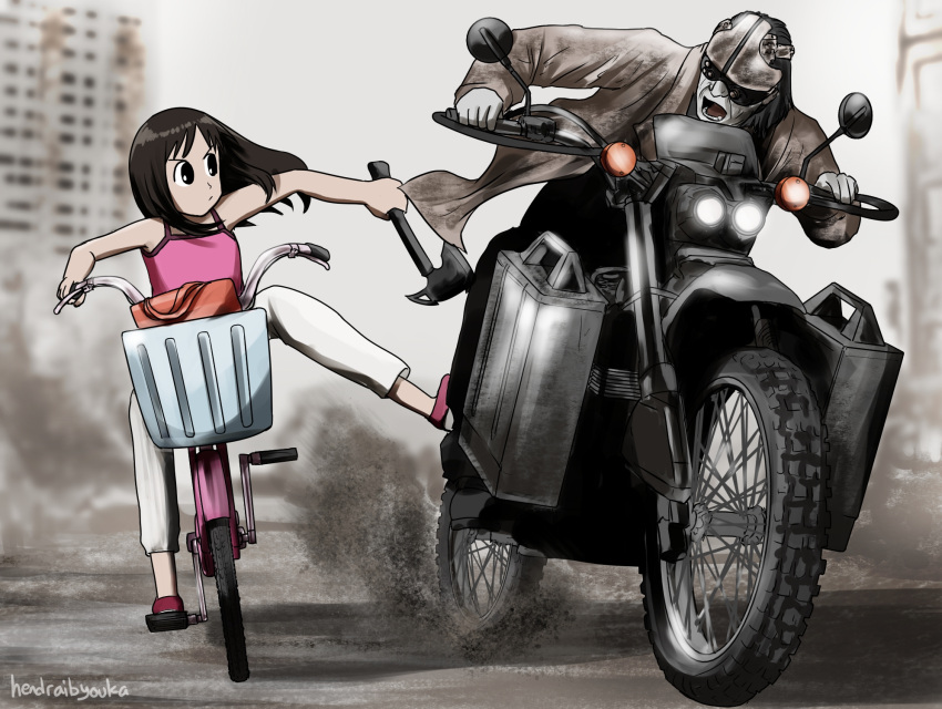 1boy, 1girl, artist_name, axe, azumanga_daioh, bicycle, black_eyes, brown_hair, building, coat, commentary, crossover, dirty, dirty_clothes, driving, english_commentary, grey_coat, hendraibyouka, highres, holding, holding_axe, holding_weapon, kasuga_ayumu, kicking, looking_at_another, motor_vehicle, motorcycle, open_mouth, panties, parody, pink_tank_top, resident_evil, resident_evil_requiem, ruins, scene_reference, skyscraper, tank_top, underwear, v-shaped_eyebrows, victor_gideon, weapon, white_panties