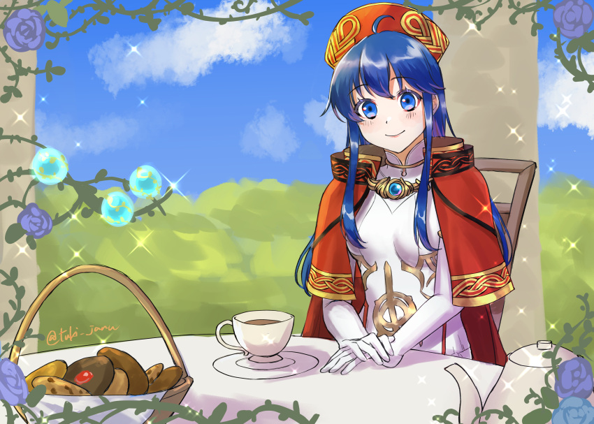1girl, absurdres, ahoge, blue_eyes, blue_hair, blue_sky, border, breasts