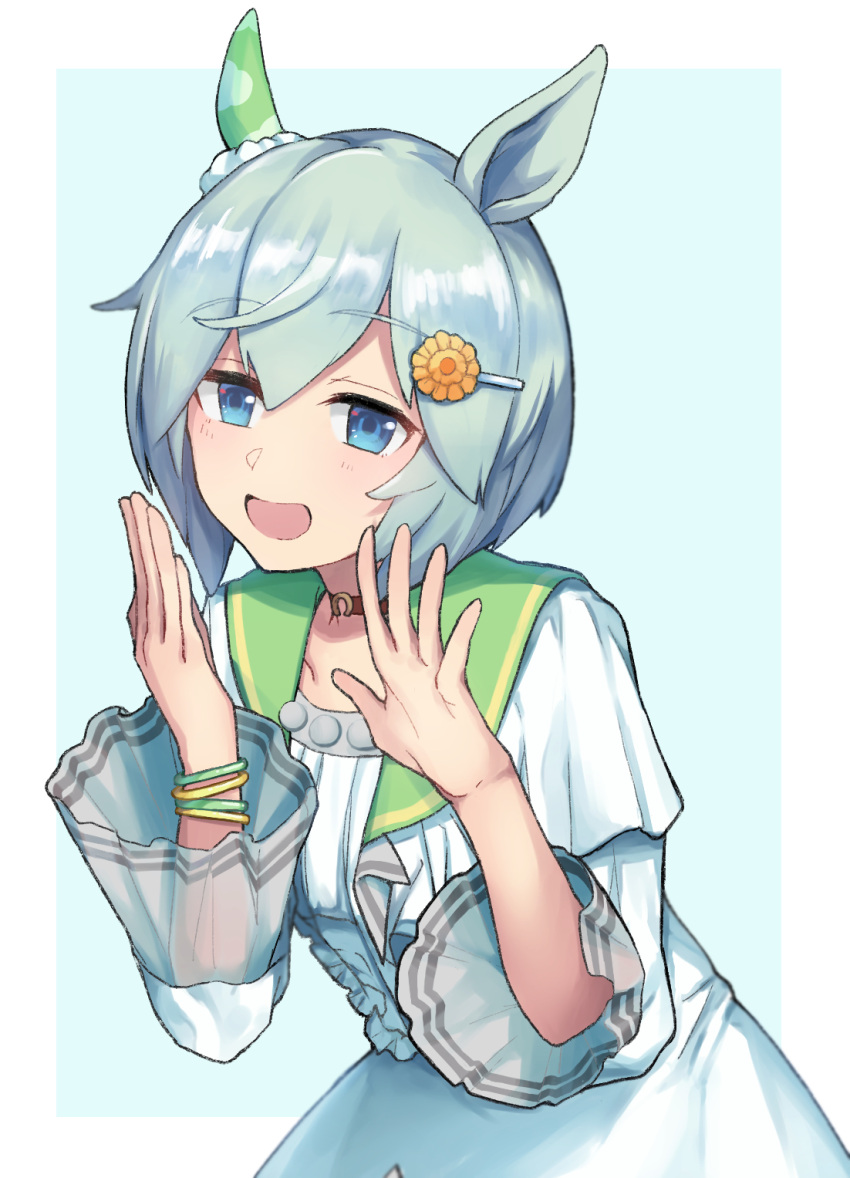 1girl, animal_ears, blue_eyes, blush, breasts, brown_choker, choker, collarbone