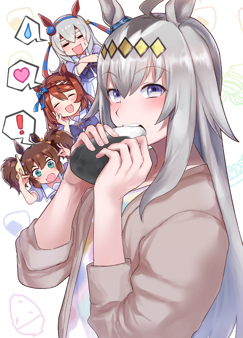 !, 4girls, ahoge, animal_ears, blue_eyes, blue_hairband, blush, bow, bowtie, braid, breasts, brown_hair, closed_eyes, commentary_request, crossed_arms, ear_bow, ear_covers, eating, fang, food, fox_mask, fox_shadow_puppet, green_eyes, grey_hair, hair_between_eyes, hairband, headband, heart, highres, holding, horse_ears, horse_girl, inari_one_(umamusume), jacket, long_hair, long_sleeves, mask, mask_on_head, multicolored_hair, multicolored_hairband, multiple_girls, oguri_cap_(casual)_(umamusume), oguri_cap_(umamusume), open_mouth, puffy_short_sleeves, puffy_sleeves, purple_bow, purple_bowtie, purple_shirt, red_headband, sailor_collar, sailor_shirt, school_uniform, shirt, short_sleeves, sixiland, skirt, smile, spoken_exclamation_mark, spoken_heart, spoken_sweatdrop, streaked_hair, striped_clothes, striped_hairband, super_creek_(umamusume), sweatdrop, tamamo_cross_(umamusume), teeth, tracen_school_uniform, twintails, two-tone_hairband, umamusume, upper_teeth_only, very_long_hair, white_hair, white_sailor_collar, white_shirt, white_skirt