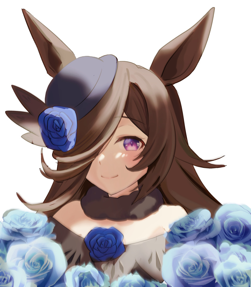 1girl, animal_ears, bare_shoulders, blue_flower, blue_hat, blue_rose, blush, brown_hair