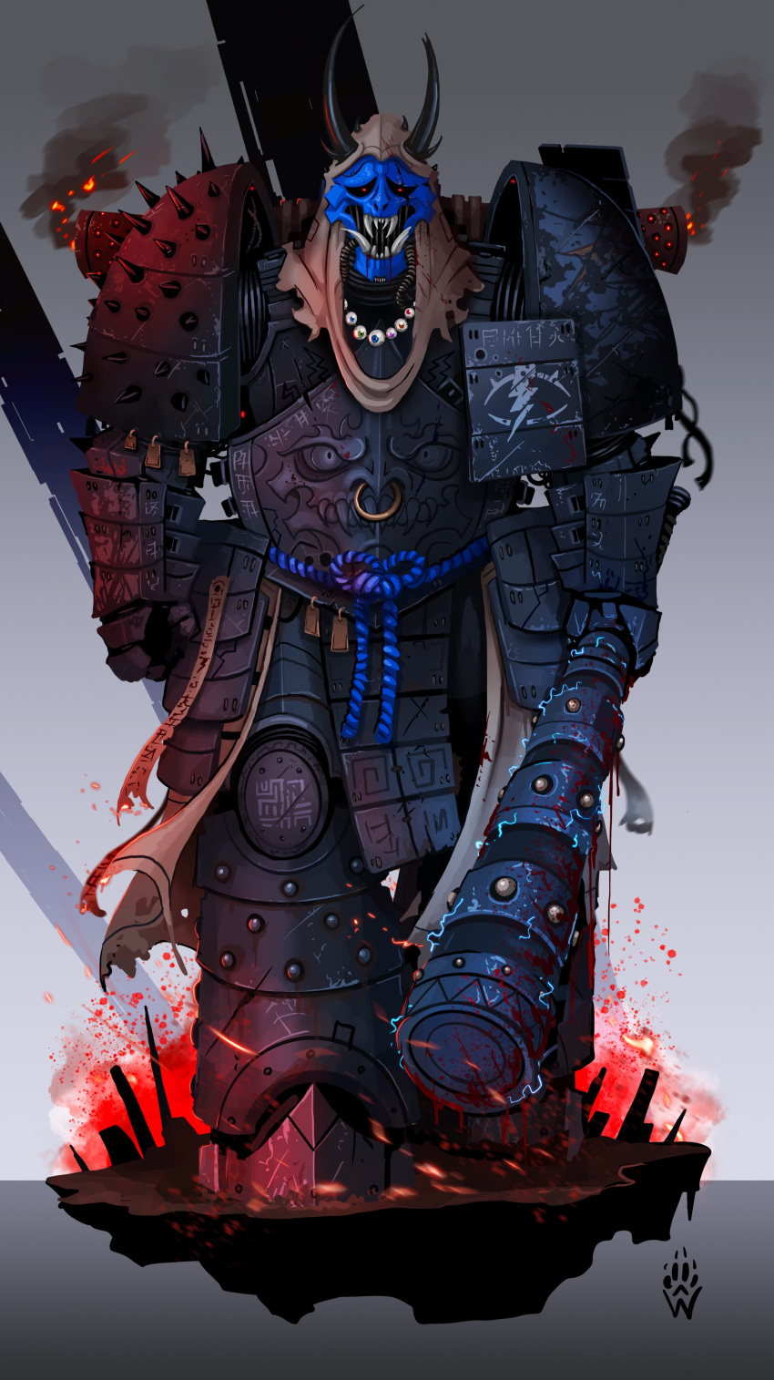 1boy, absurdres, adeptus_astartes, armor, armor_writing, artist_logo, battle_damage, bead_necklace