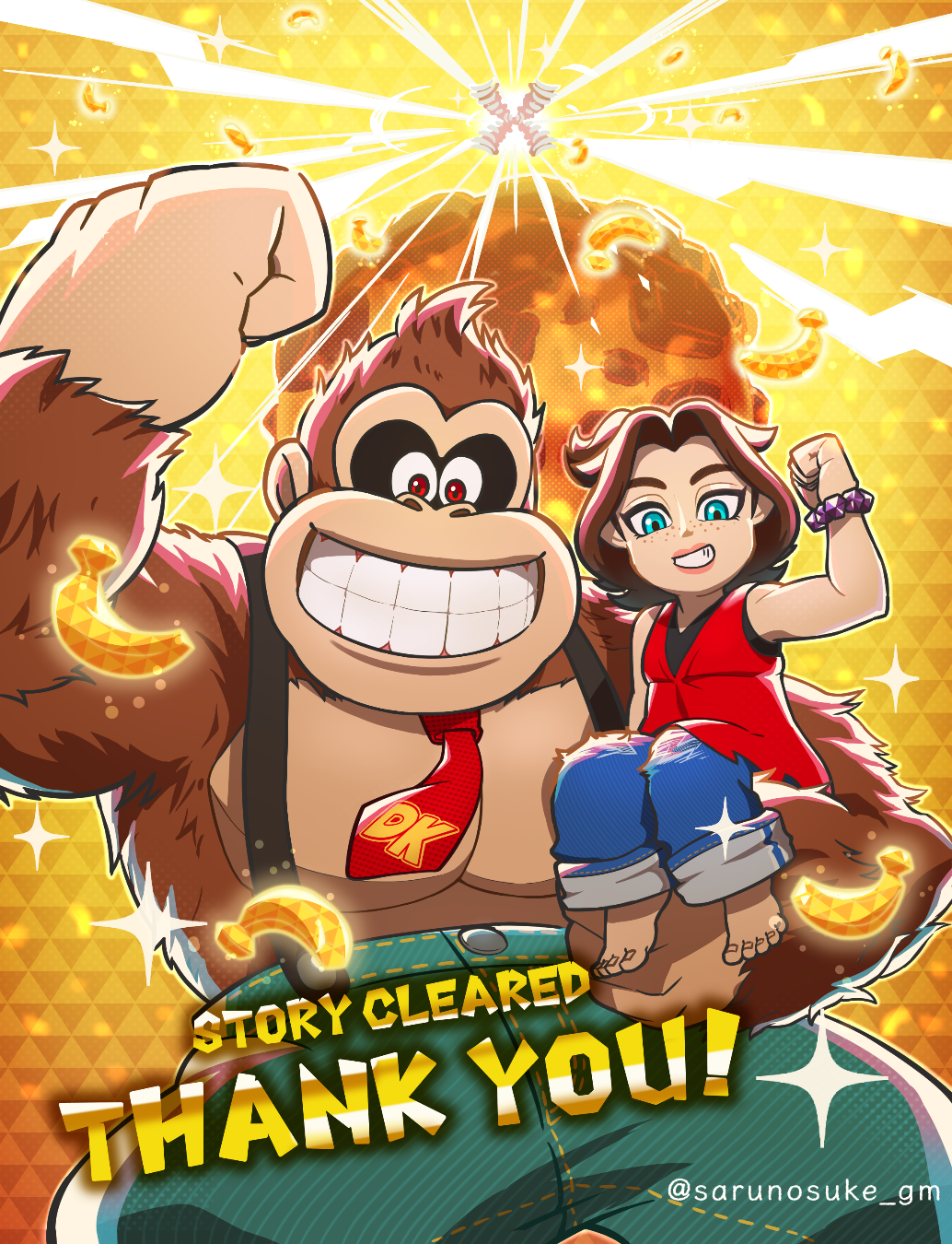 1boy, 1girl, banana, barefoot, blue_pants, bracelet, brown_hair, commentary_request, cowboy_shot, denim, donkey_kong, donkey_kong_(series), donkey_kong_bananza, food, fruit, furry, furry_male, green_pants, grid_teeth, highres, jeans, jewelry, looking_at_viewer, necktie, pants, pauline_(mario), pauline_(young)_(mario), red_eyes, red_necktie, red_shirt, sarunosuke_gm, shirt, super_mario_bros., suspenders, thank_you