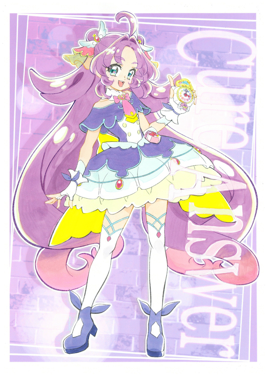 1girl, :d, absurdres, arm_up, brooch, capelet, character_name, commentary