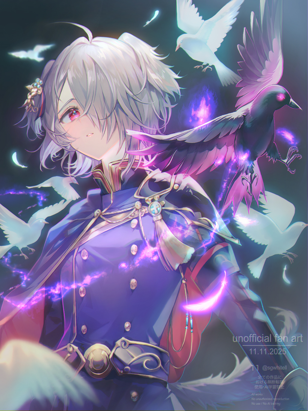 11-chan, 1girl, ahoge, androgynous, animal_ears, bird, cape, commentary_request