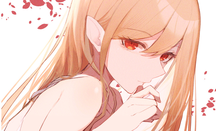 1girl, absurdres, bare_shoulders, blonde_hair, closed_mouth, commentary_request, dress, from_side