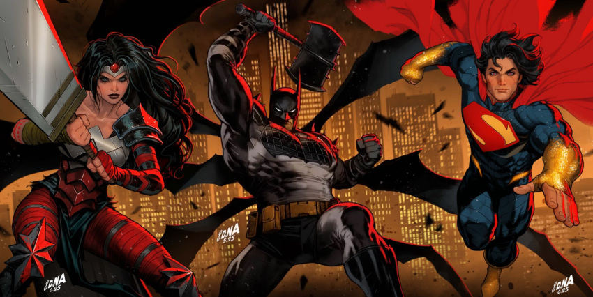 1girl, 2boys, absolute_batman, absolute_dc, absolute_superman, absolute_wonder_woman, amazon_warrior, arm_wrap