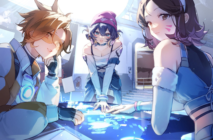 3girls, beanie, blonde_hair, blue_eyes, blue_hair, brown_eyes, brown_hair, closed_mouth