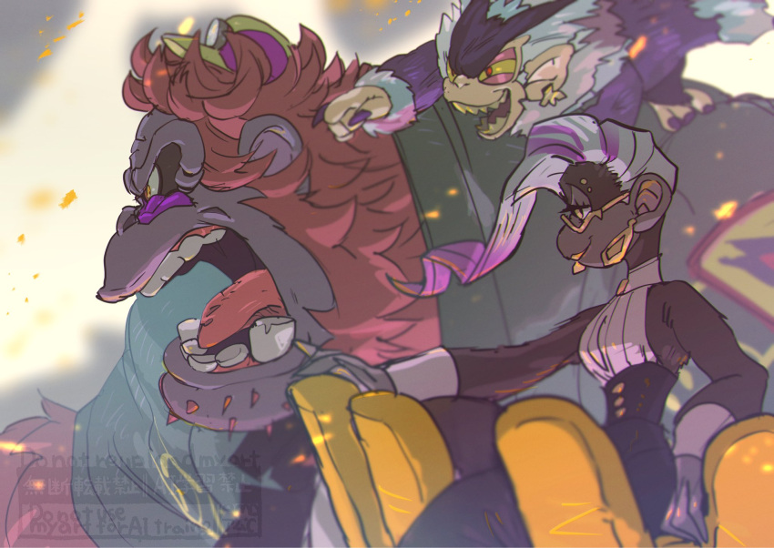 1girl, 2boys, amu_(omoro3bot), closed_mouth, commentary_request, donkey_kong_(series), donkey_kong_bananza, earrings