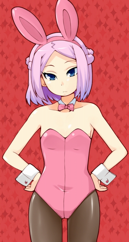 1girl, blue_eyes, breasts, bunny_ears, bunnysuit, fake_animal_ears, flat_chest, hands_on_hips