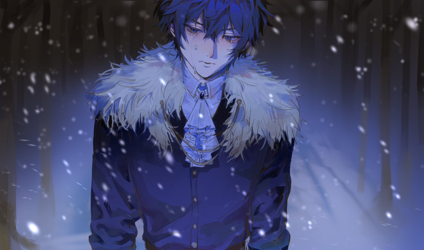 1boy, ascot, black_eyes, black_hair, brooch, collared_shirt, commentary, crying