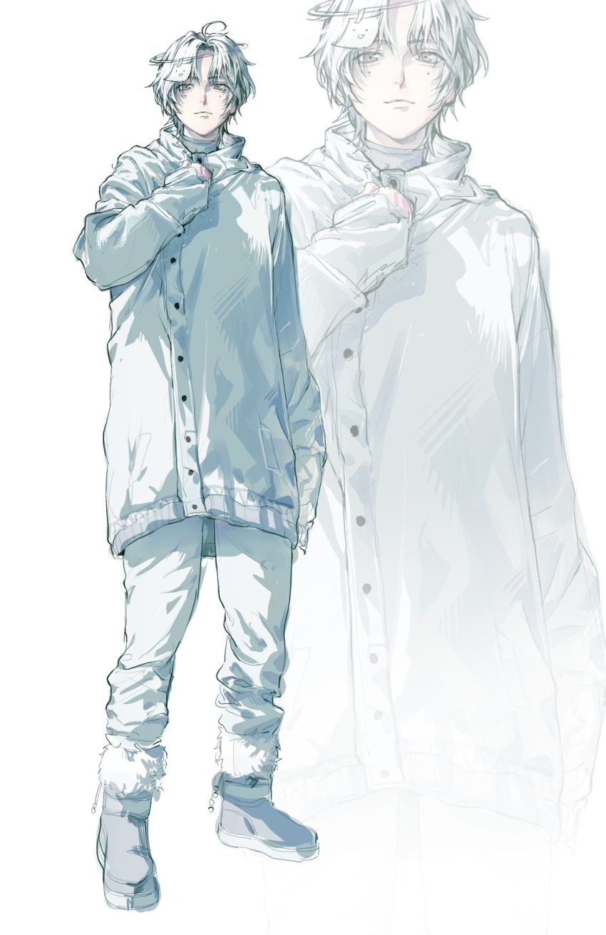 1boy, boots, coat, full_body, fur-trimmed_boots, fur_trim, grey_eyes, highres