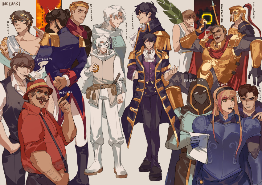 2girls, 6+boys, absurdres, armor, ascot, belt, black_coat, black_hair