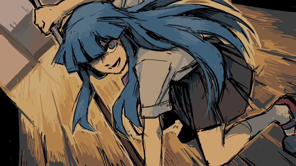 1girl, blue_hair, bow, commentary, english_commentary, furude_rika, higurashi_no_naku_koro_ni, holding