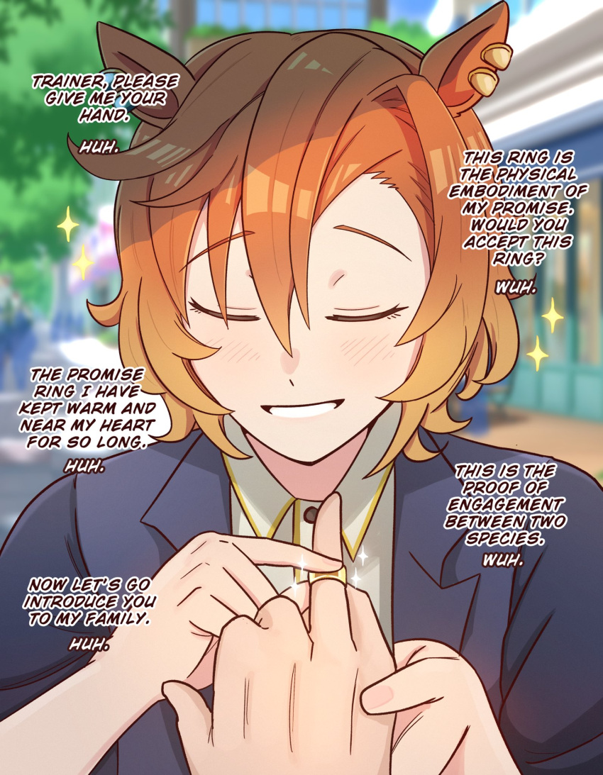 1girl, 1other, blue_jacket, blush, closed_eyes, collared_shirt, earrings, english_commentary, english_text, hand_grab, hands_up, highres, jacket, jewelry, johnholl0w, marriage_proposal, orange_hair, pov, pov_hands, ring, ring_finger_raised, shirt, short_hair, smile, sparkle, t.m._opera_o_(casual)_(umamusume), t.m._opera_o_(umamusume), teeth, umamusume, wedding_ring, white_shirt