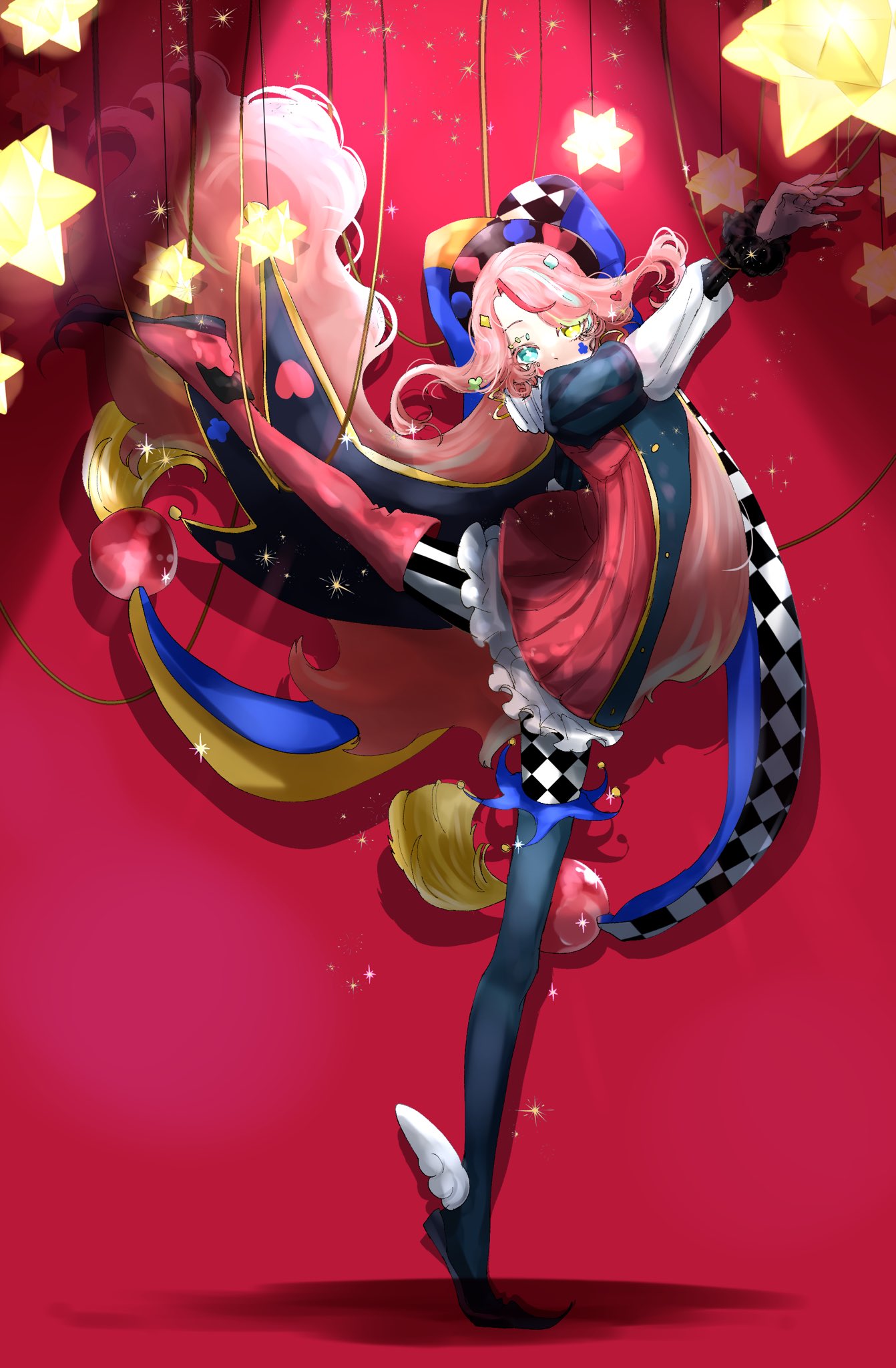 1girl, blue_eyes, checkered_clothes, checkered_hat, club_(shape), commentary_request, diamond_(shape), gloves, hat, heterochromia, highres, hiyamazinn, jester, jester_cap, jikishirone, long_hair, long_sleeves, madan_no_ichi, multicolored_hair, multicolored_hat, neck_ruff, pantyhose, pink_hair, puffy_sleeves, spade_(shape), star_(symbol), streaked_hair, string, striped_clothes, striped_headwear, vertical-striped_clothes, vertical-striped_headwear, yellow_eyes