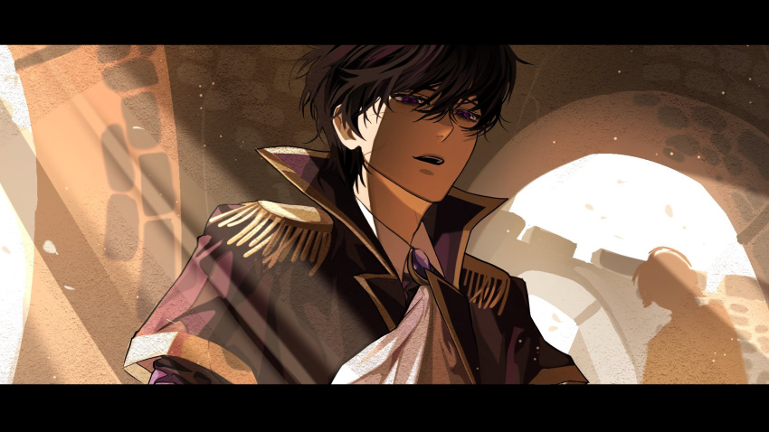 1boy, black_hair, brooch, coat, collared_shirt, commentary, english_commentary, epaulettes