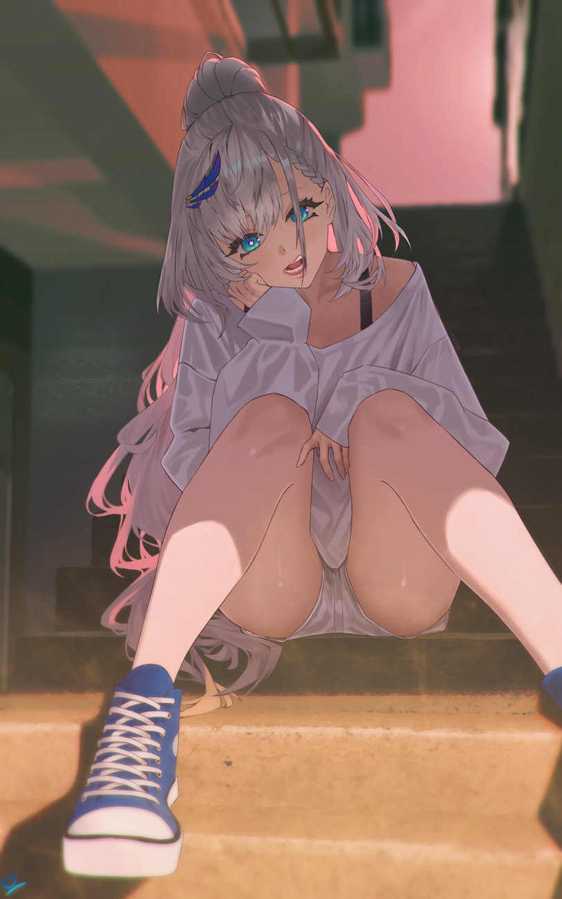 1girl, aqua_eyes, blue_shoes, blurry, blurry_background, bright_pupils, commentary, feather_hair_ornament