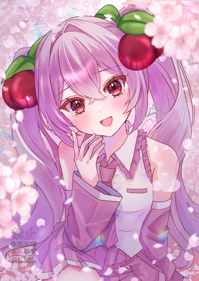 1girl, absurdres, bare_shoulders, blush, breasts, cherry_blossoms, cherry_hair_ornament, collarbone