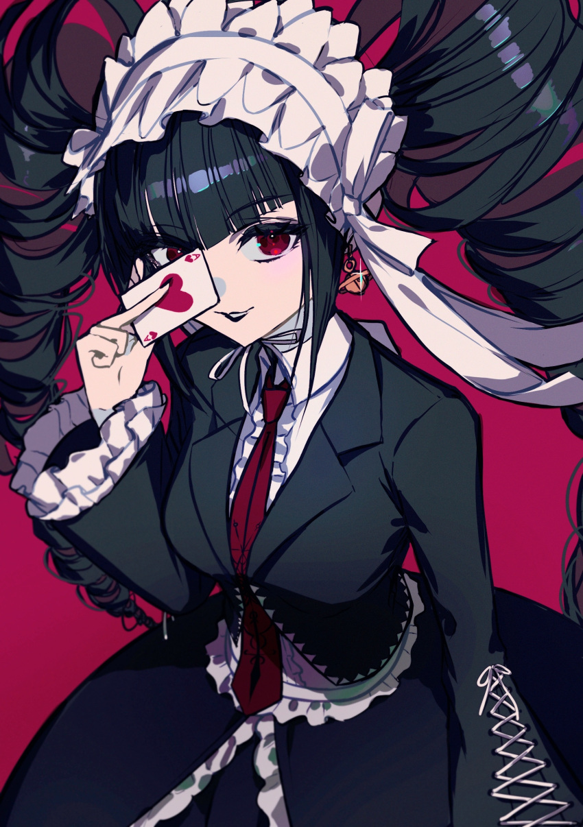 1girl, :d, absurdres, black_hair, black_jacket, black_skirt, card, celestia_ludenberg
