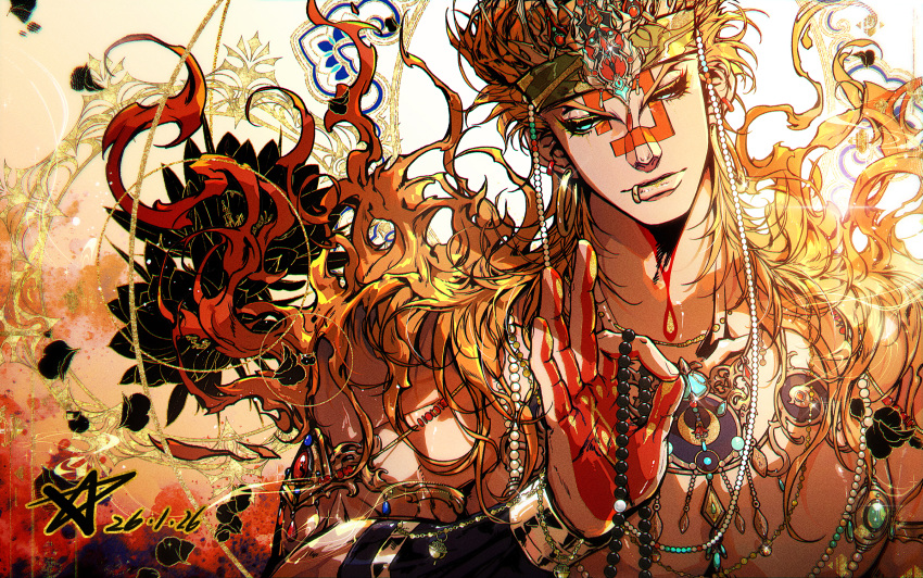 1boy, aqua_eyes, battle_tendency, blonde_hair, bodypaint, chinese_commentary, commentary_request, crown