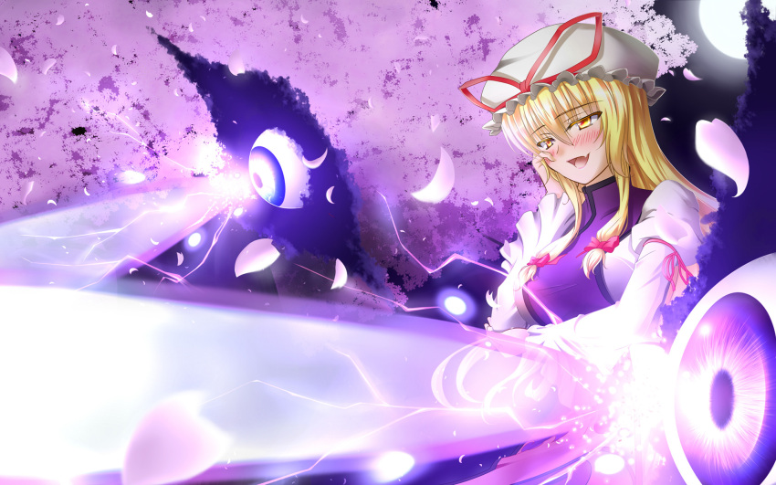 beam, blonde_hair, blush, cherry_blossoms, danmaku, dress, hair_ribbon, hat