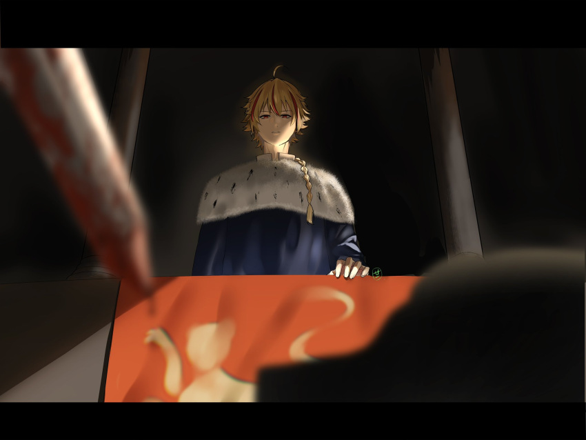 1boy, ahoge, blonde_hair, blood, blood_on_weapon, blurry, braid, braided_ponytail