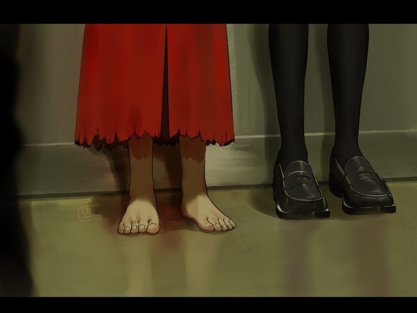 2girls, black_pantyhose, black_shoes, cloak, commentary_request, fate/strange_fake, fate_(series), floor