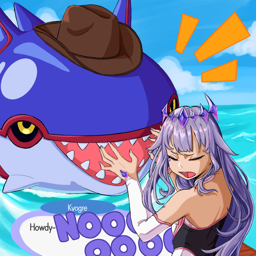 1girl, absurdres, black_sclera, blue_sky, circlet, colored_sclera, commentary, cowboy_hat, dialogue_box, dress, english_commentary, gem, grey_hair, hat, highres, hololive, hololive_english, honeyjae, jewel_under_eye, koseki_bijou, koseki_bijou_(1st_costume), kyogre, long_hair, multicolored_hair, open_mouth, pokemon, pokemon_(creature), purple_hair, sharp_teeth, sky, teeth, virtual_youtuber, water, yellow_eyes
