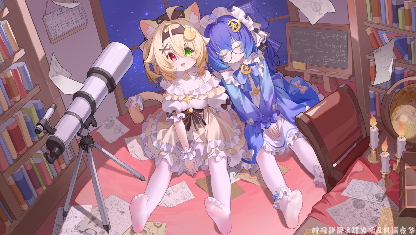 2girls, ahoge, animal_ear_fluff, animal_ears, blonde_hair, blue_dress, blue_hair, breasts