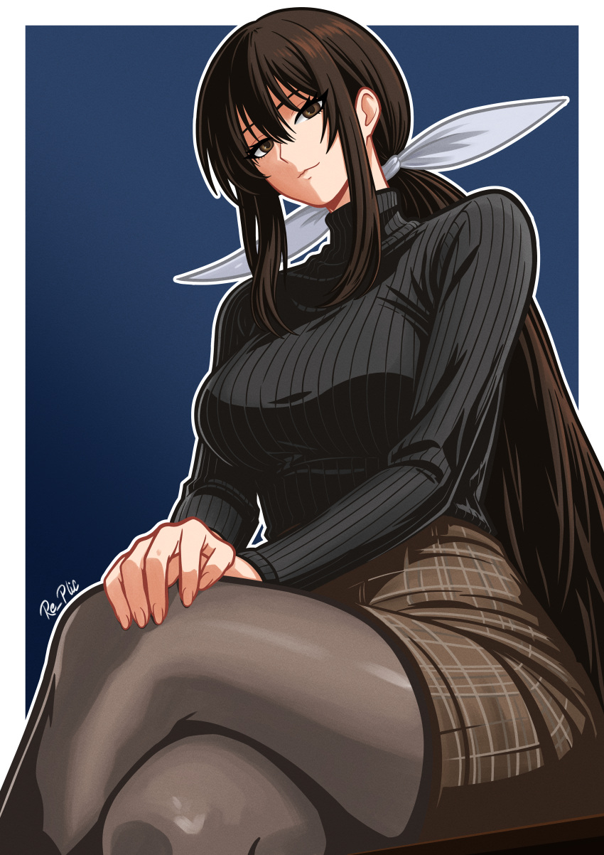 absurdres, black_hair, black_sweater, breasts, brown_skirt, hand_on_own_knee, hanebado!, hanesaki_uchika, highres, large_breasts, re_plicante, ribbon, sitting, skirt, sweater, thighs, white_ribbon