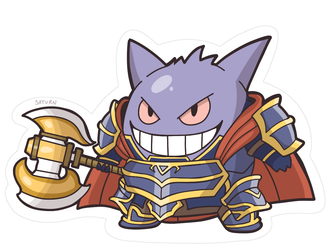 1other, armads_(fire_emblem), armor, artist_name, axe, cape, colored_sclera, cosplay, fire_emblem, fire_emblem:_the_blazing_blade, full_body, gengar, grin, hector_(fire_emblem), hector_(fire_emblem)_(cosplay), holding, holding_axe, no_humans, pauldrons, pokemon, pokemon_(creature), red_cape, red_sclera, saturn_kun, shoulder_armor, smile