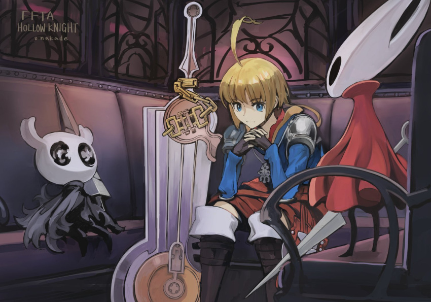 1boy, 1girl, 1other, ahoge, androgynous, arthropod_girl, artist_name, blonde_hair