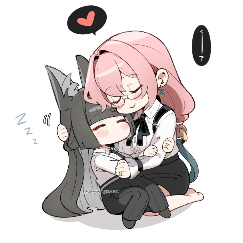 2girls, animal_ears, black_hair, blush, chibi, closed_eyes, closed_mouth, dailymiyanagi