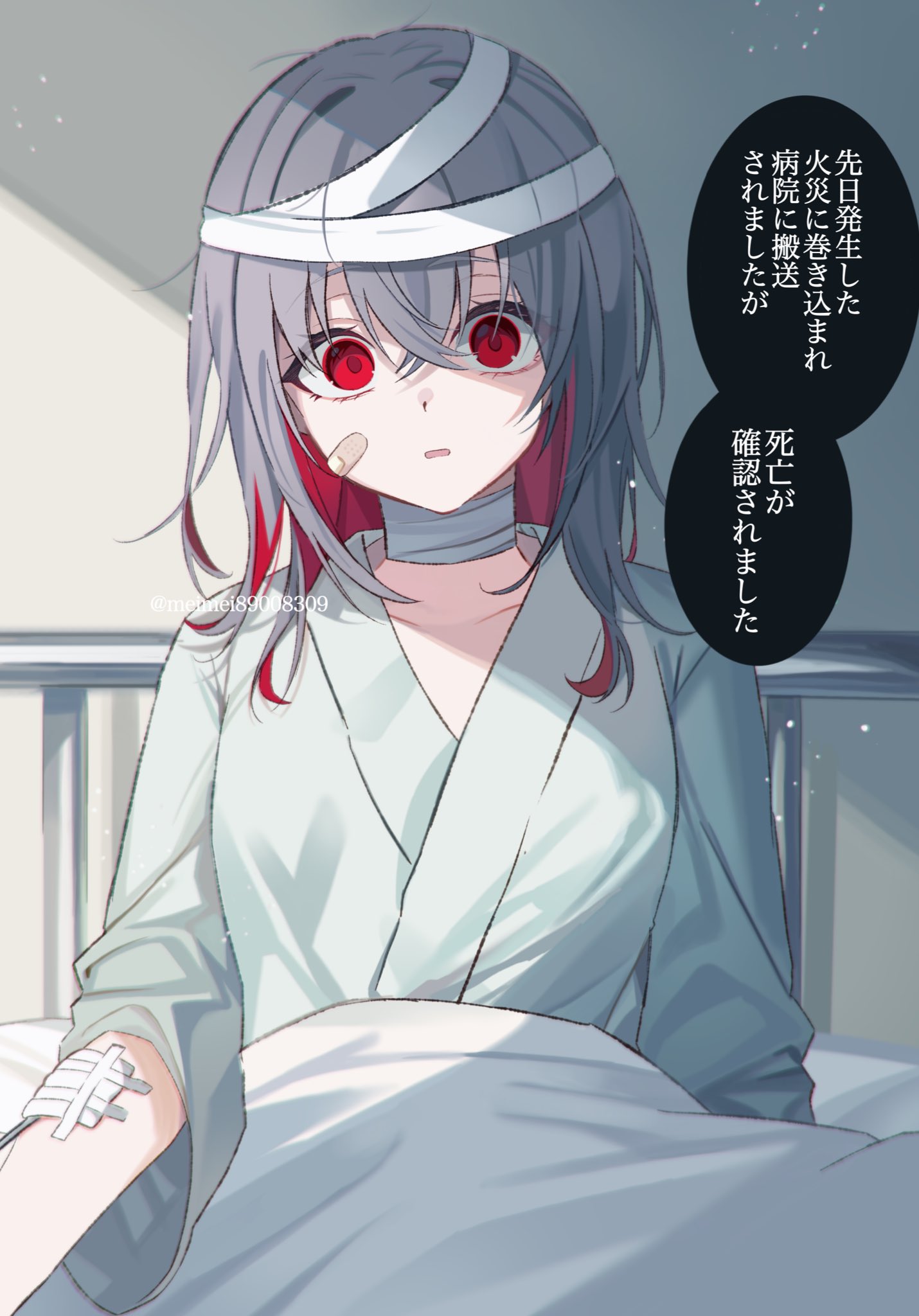1girl, bandaged_head, bandaged_neck, bandages, commentary_request, empty_eyes, grey_hair, hair_between_eyes