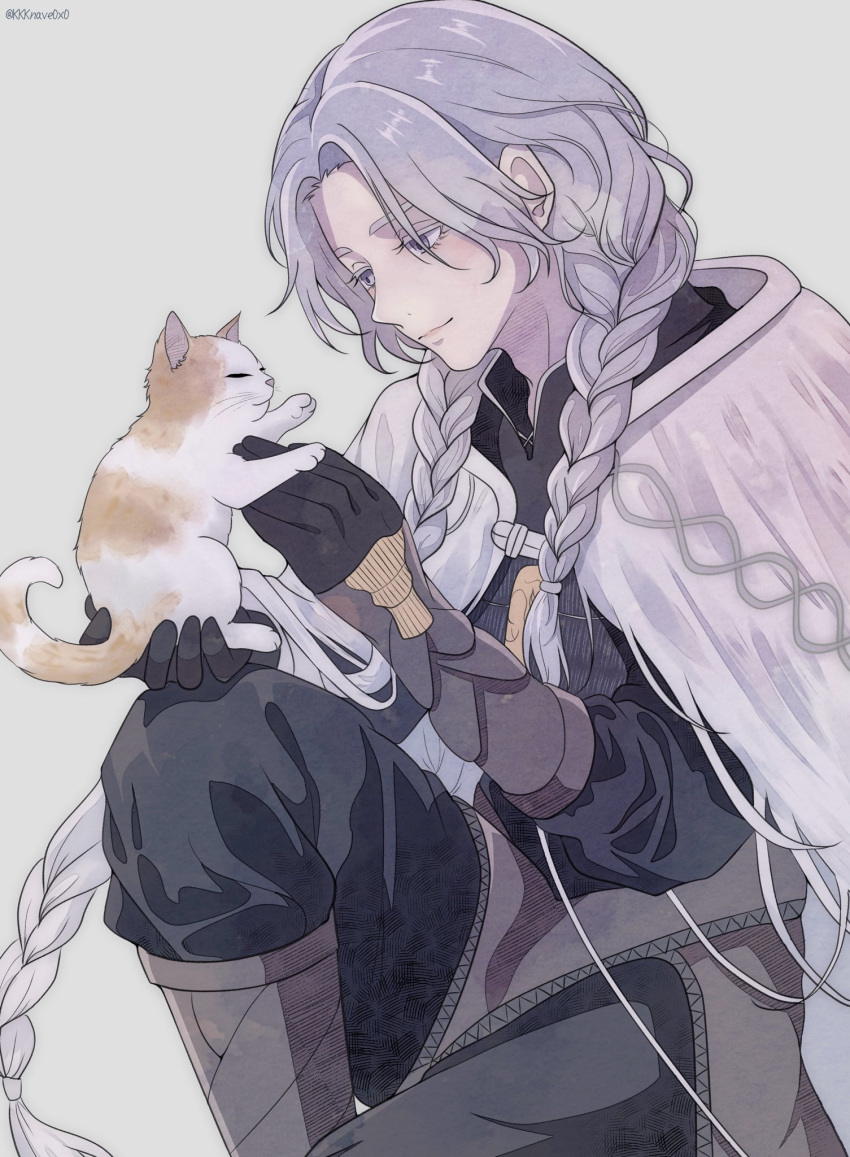 1boy, androgynous, animal, artist_name, braid, cape, cat, closed_mouth