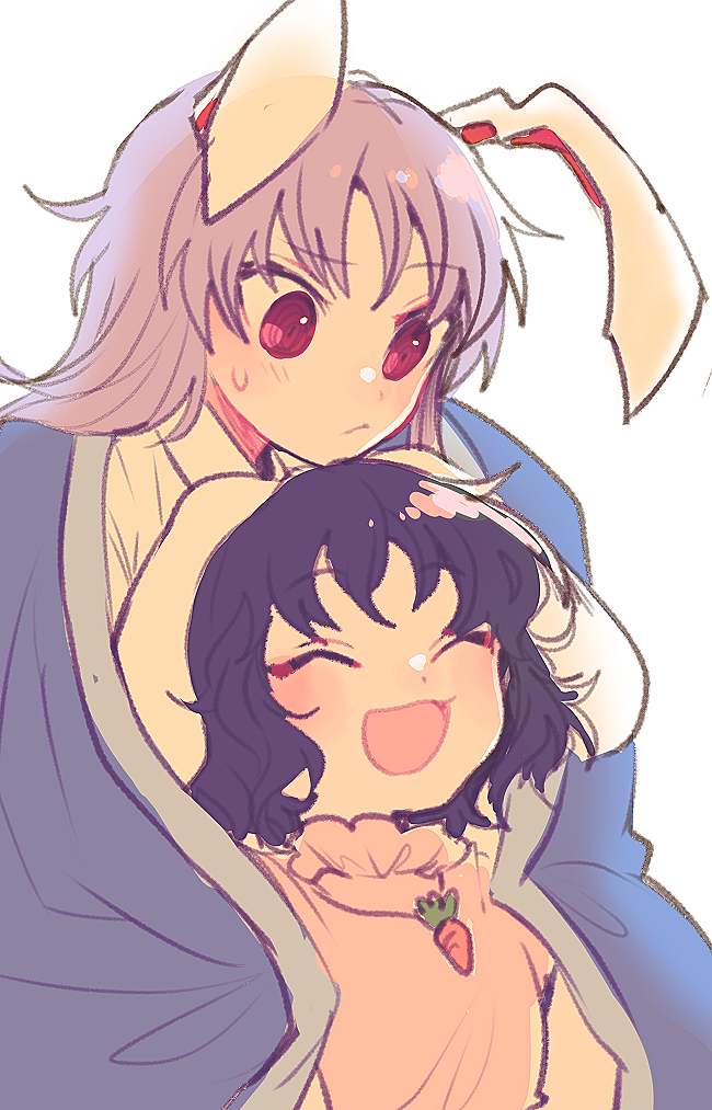 2girls, :/, :d, ^_^, animal_ears, black_hair, carrot_necklace, closed_eyes, commentary_request, floppy_ears, inaba_tewi, itomugi-kun, jewelry, long_hair, looking_at_another, multiple_girls, necklace, open_mouth, purple_hair, rabbit_ears, red_eyes, reisen_udongein_inaba, shared_blanket, short_hair, simple_background, smile, sweatdrop, touhou, upper_body, white_background, wrapped_in_blanket