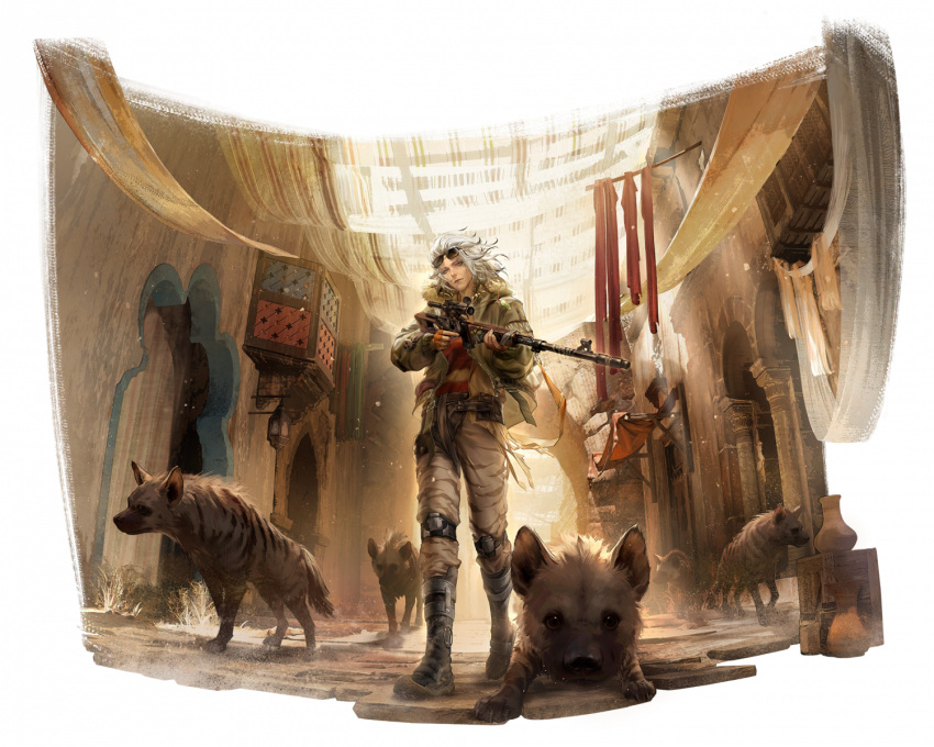 1girl, alley, artist_request, awning, black_boots, boots, eyewear_on_head, fingerless_gloves, gloves, green_jacket, grey_hair, gun, helga_(path_to_nowhere), highres, holding, holding_gun, holding_weapon, hyena, jacket, knee_pads, lantern, mature_female, middle_eastern_architecture, multicolored_shirt, official_art, orange_gloves, path_to_nowhere, pottery, rifle, shirt, striped_clothes, striped_shirt, sunglasses, trigger_discipline, weapon