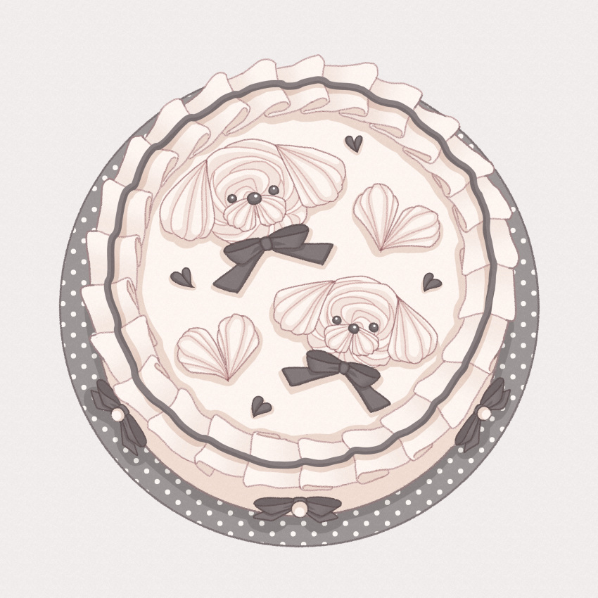 black_bow, black_bowtie, bow, bowtie, cake, commentary, cream, dog_ornament, food, food_focus, grey_background, heart, highres, nekomaru0817, original, pastel_colors, plate, simple_background