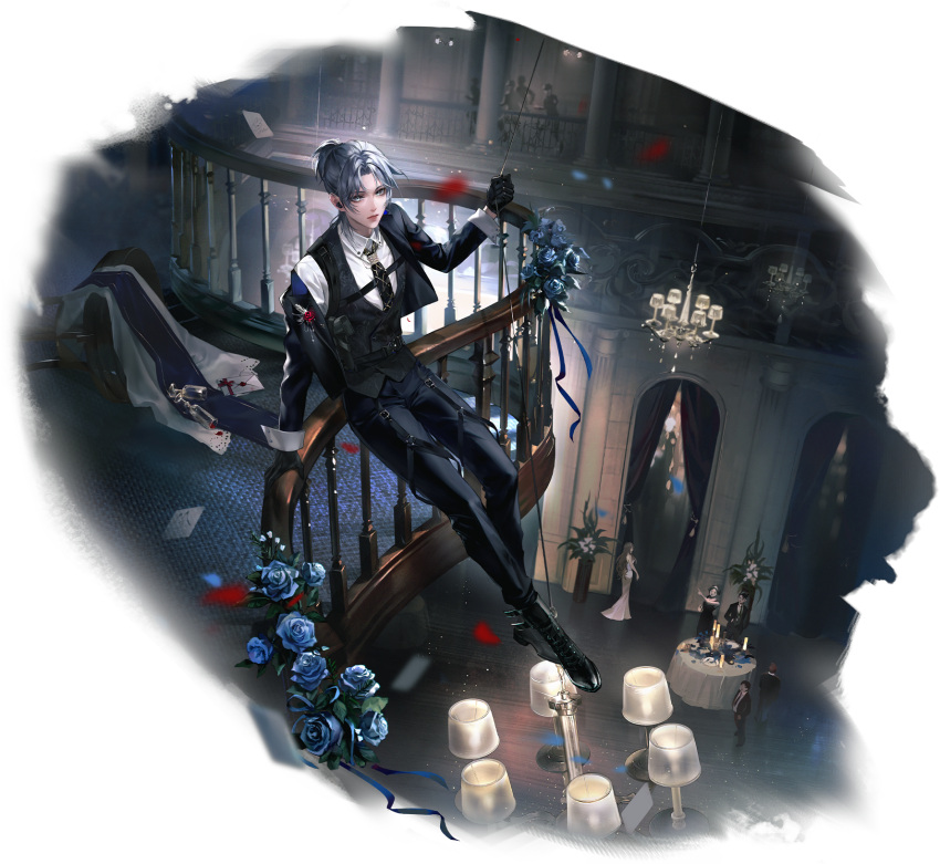 3boys, 3girls, 4others, artist_request, black_gloves, black_pants, black_shoes, black_vest, blue_flower, blue_rose, boutonniere, chandelier, chest_harness, curtains, envelope, falling_petals, flower, gloves, grey_hair, hand_on_railing, harness, highres, multiple_boys, multiple_girls, multiple_others, o-ring, o-ring_harness, official_alternate_costume, official_alternate_hairstyle, official_art, pants, path_to_nowhere, petals, railing, red_flower, red_rose, rose, shoes, solo_focus, table, tablecloth, tetra_(path_to_nowhere), thigh_harness, vest