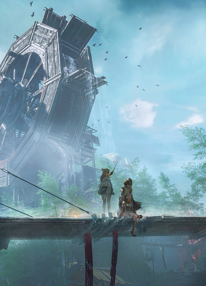 3girls, animal_ears, arknights, arknights:_endfield, black_hair, black_jacket, commentary, dress