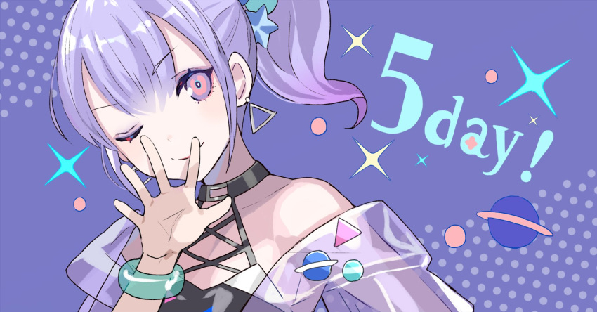 1girl, ;), badge, bangle, bare_shoulders, ben-day_dots, black_shirt, bracelet